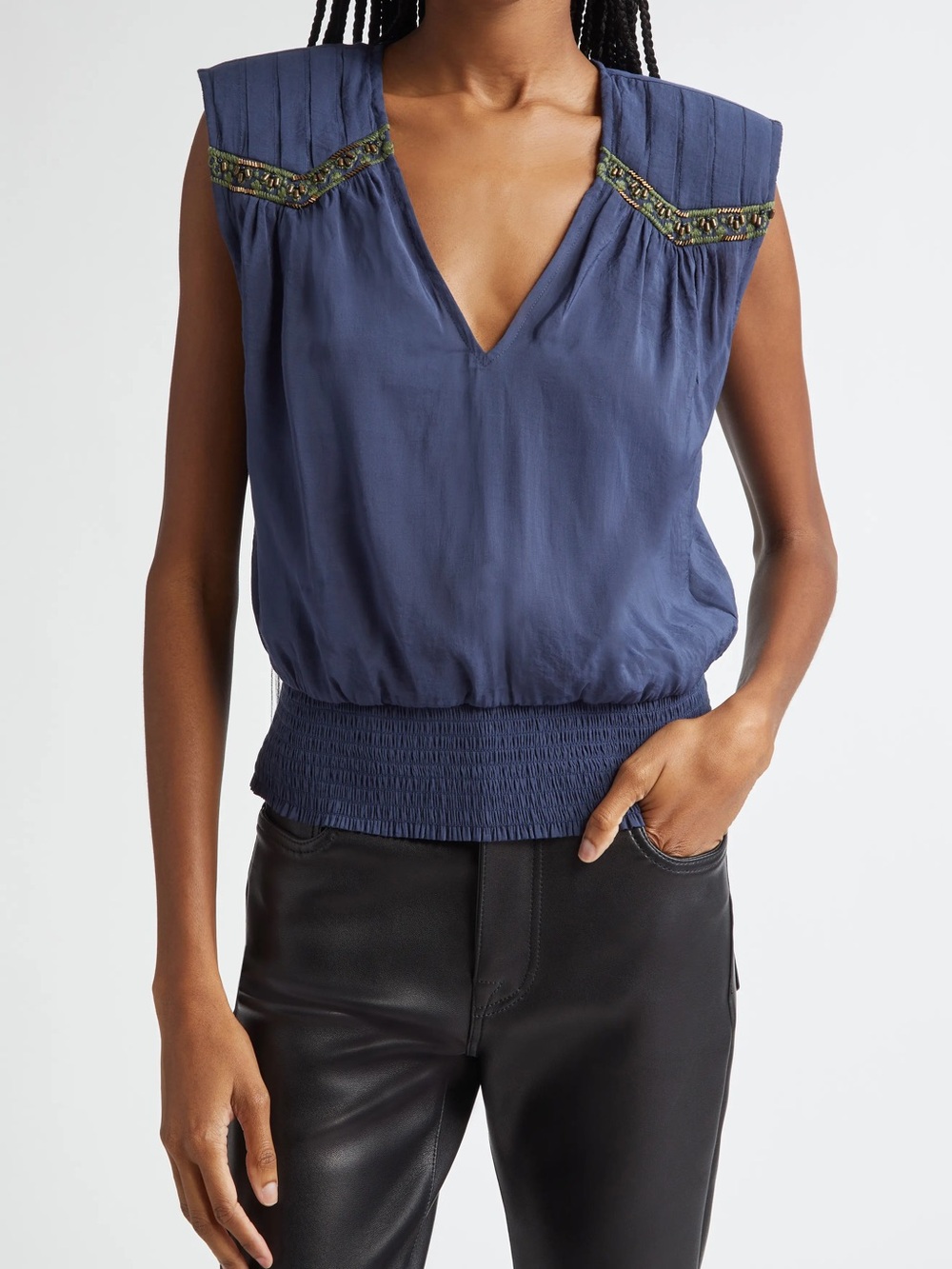 NWT RAMY BROOK Millegan Bead Detail Smock Waist Top SIZE XS